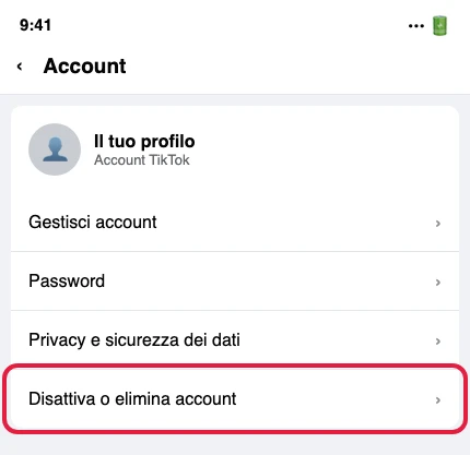 La schermata Account nelle impostazioni di TikTok, con la voce «Disattiva o elimina account» cerchiata in rosso (illustrazione ricostruita: nessuna pagina ufficiale TikTok mostra questo screenshot, profilo di esempio non reale)