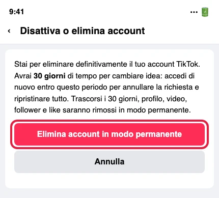 La schermata di conferma dell'eliminazione, col pulsante «Elimina account in modo permanente» cerchiato in rosso e l'avviso sui 30 giorni (illustrazione ricostruita: nessuna pagina ufficiale TikTok mostra questo screenshot)