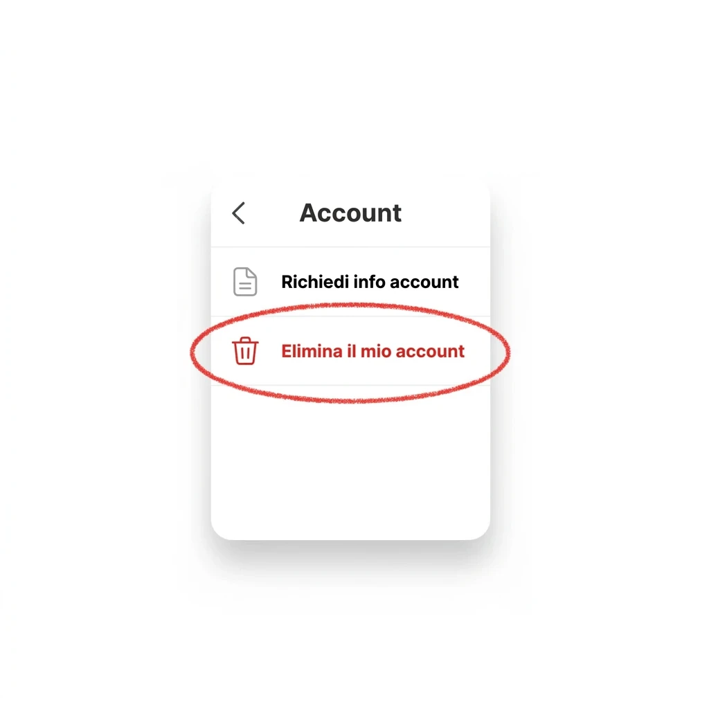Ricostruzione della schermata Impostazioni → Account di WhatsApp per Android, con la voce «Elimina il mio account» in fondo all'elenco