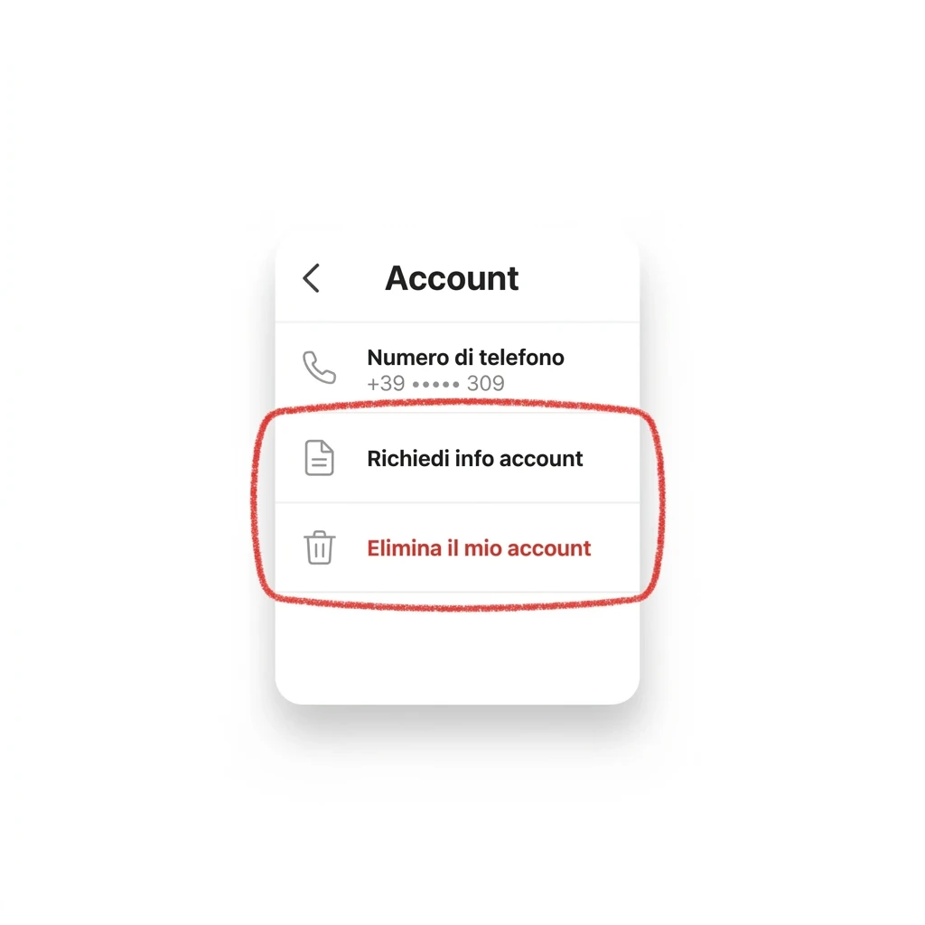 Ricostruzione della schermata Impostazioni → Account di WhatsApp per Android, con le voci «Richiedi info account» ed «Elimina il mio account» una sotto l'altra
