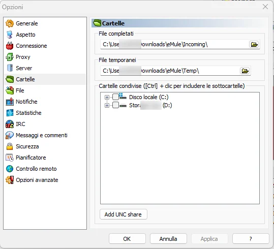 Opzioni → Cartelle di eMule: la cartella dei file scaricati e quella dei file temporanei (nomi e percorsi personali sfocati)