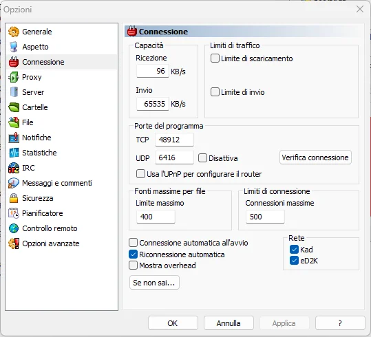 Opzioni → Connessione di eMule: le porte TCP e UDP, la casella «Usa l’UPnP per configurare il router» e il pulsante «Verifica connessione»