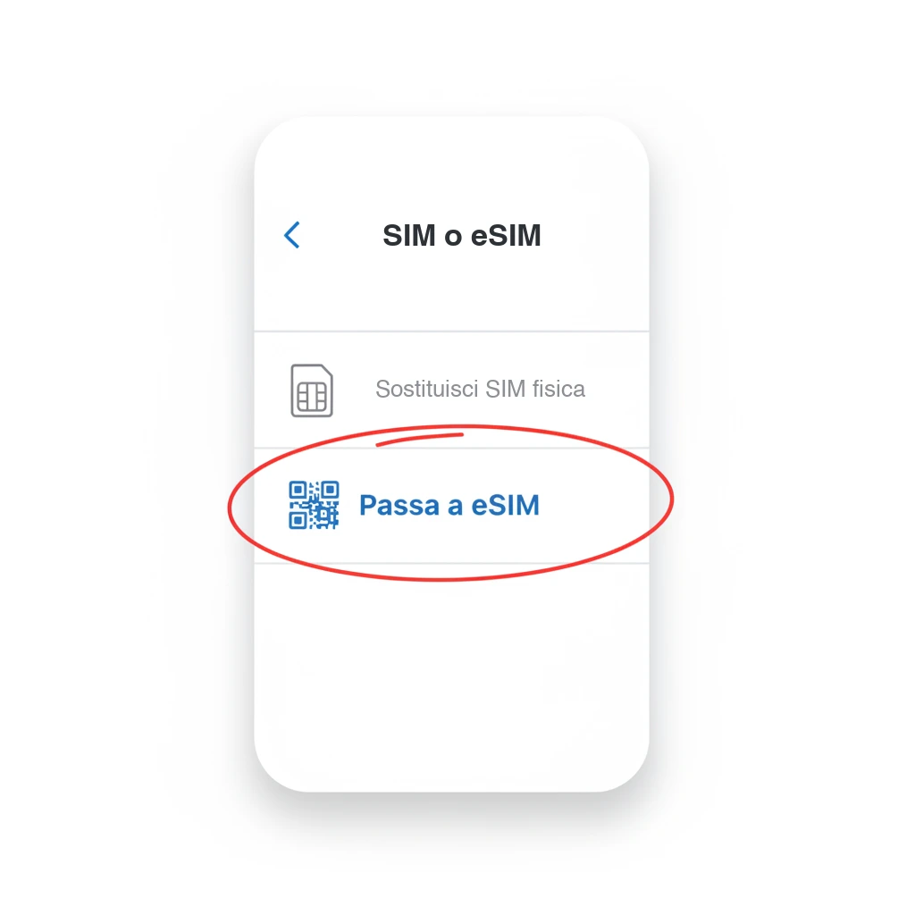 Illustrazione ricostruita (non uno screenshot reale): la schermata «SIM o eSIM» dell'app MyTIM, con l'opzione «Passa a eSIM» evidenziata