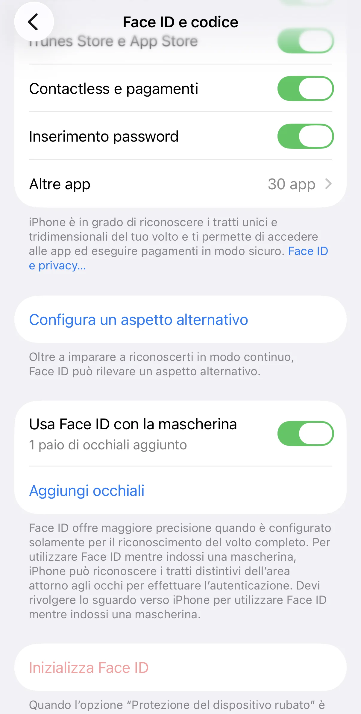 Impostazioni → Face ID e codice, con l'interruttore «Usa Face ID con la mascherina» attivato