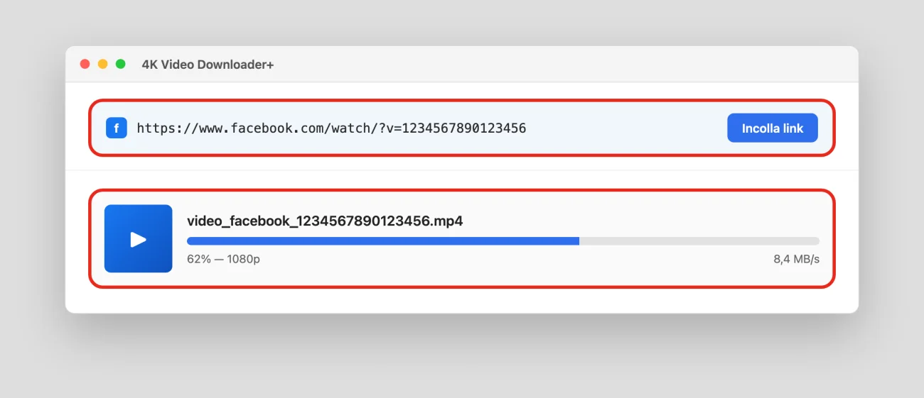Illustrazione ricostruita: la finestra di 4K Video Downloader Plus con un link di Facebook incollato e il download del video in corso