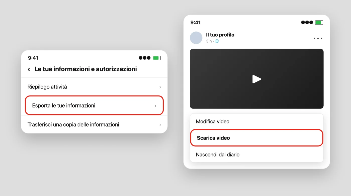 Illustrazione ricostruita: a sinistra la schermata «Le tue informazioni e autorizzazioni» con la voce Esporta le tue informazioni; a destra il menu dei tre puntini su un video proprio con la voce Scarica video