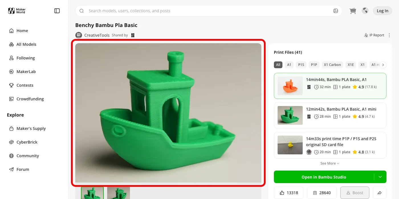 La pagina di un modello su MakerWorld, con l'anteprima 3D del pezzo mostrata prima ancora di scaricare il file