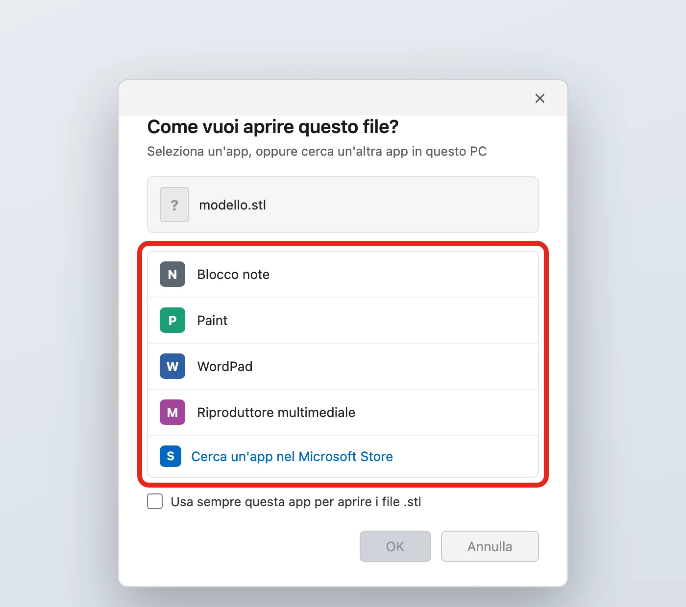Illustrazione ricostruita della finestra «Come vuoi aprire questo file?» di Windows 11 su un .stl: nell'elenco cerchiato non c'è nessuna app pensata per i modelli 3D