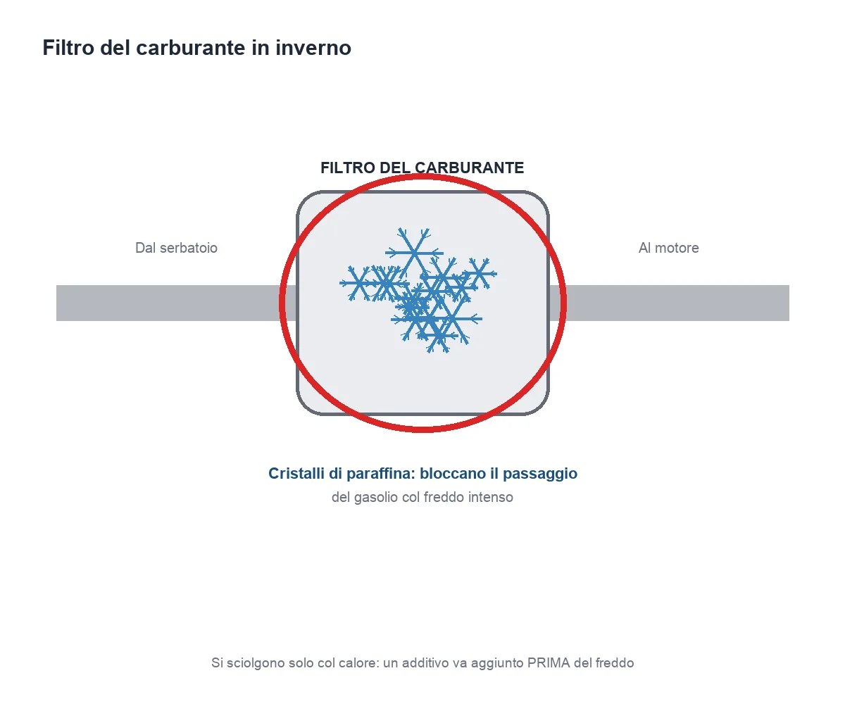 illustrazione concettuale di cristalli di paraffina che intasano un filtro del carburante in inverno — schema ricostruito, nessun marchio reale