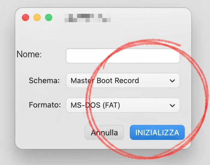 La finestra di Utility Disco su Mac, coi menu Schema e Formato e il pulsante Inizializza (illustrazione ricostruita, nome del Mac sfocato)