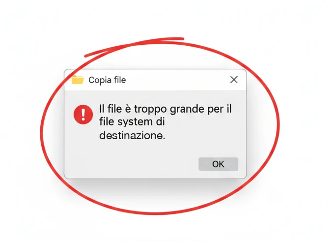 L'errore di Windows quando si copia su una chiavetta FAT32 un file sopra i 4 GB: «il file è troppo grande per il file system di destinazione» (illustrazione ricostruita)
