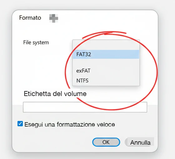 La finestra Formato di Gestione disco, con il menu File system aperto su FAT32, exFAT e NTFS (illustrazione ricostruita, lettera del disco sfocata)