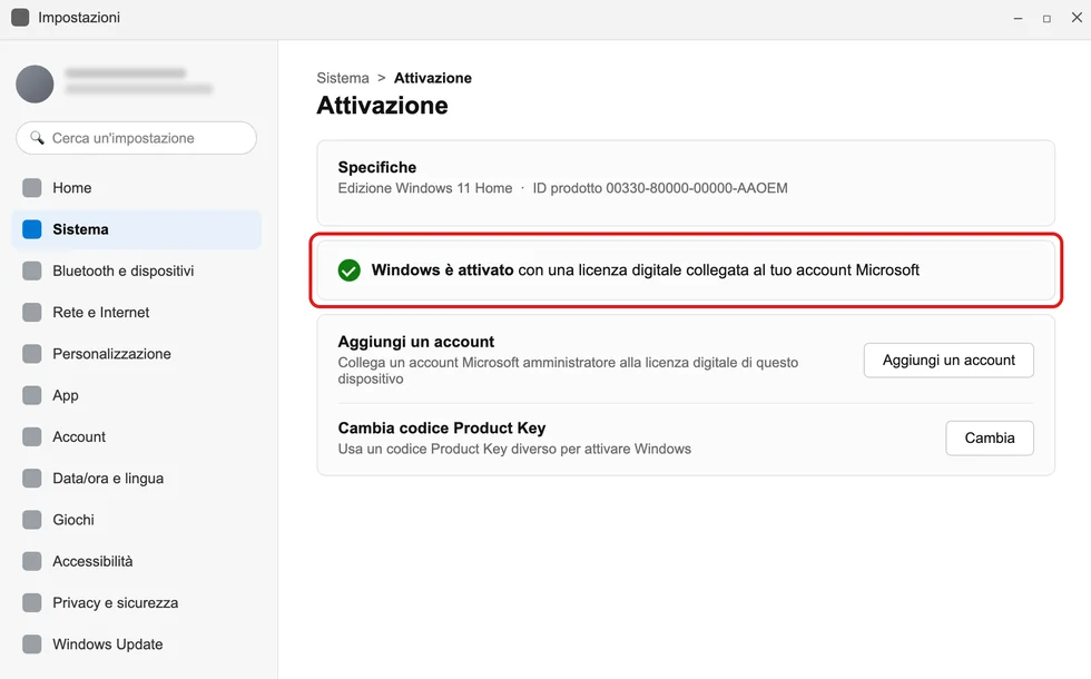 Impostazioni, Sistema, Attivazione: «Windows è attivato con una licenza digitale collegata al tuo account Microsoft» (illustrazione ricostruita, non uno screenshot vero)