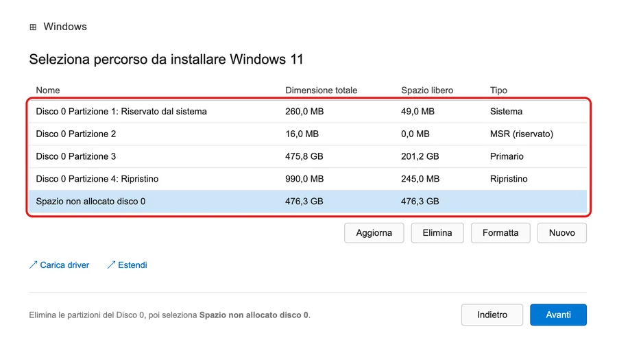 La schermata «Seleziona percorso da installare Windows 11» con le partizioni del Disco 0 (illustrazione ricostruita, non uno screenshot vero)