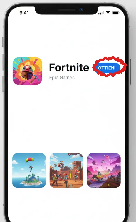 La scheda di Fortnite sull'App Store italiano, con il bottone Ottieni cerchiato (illustrazione ricostruita)