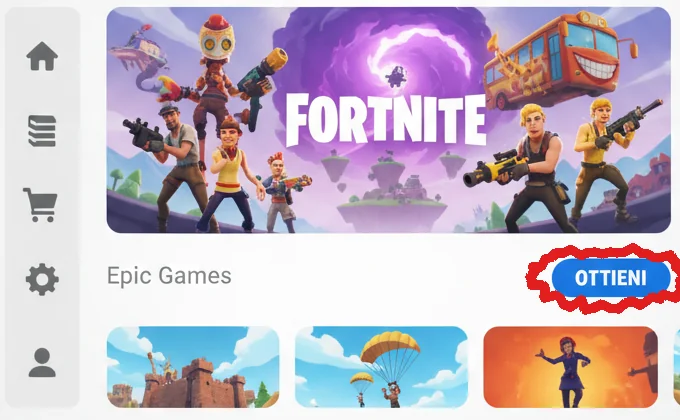 Epic Games Store su PC: la pagina di Fortnite con il bottone Ottieni cerchiato (illustrazione ricostruita)