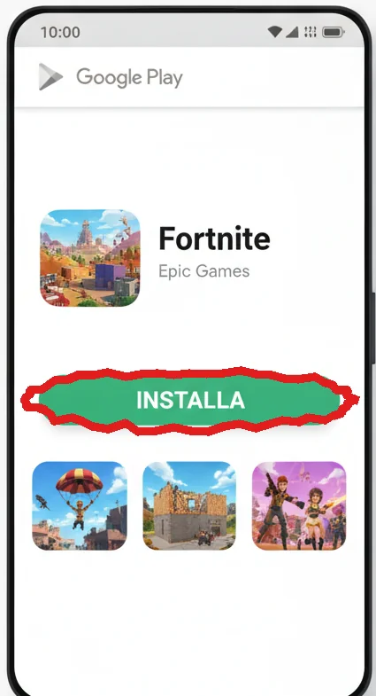La scheda di Fortnite sul Google Play Store, con il bottone Installa cerchiato (illustrazione ricostruita)
