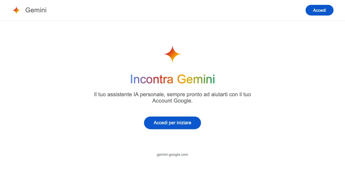 Ricostruzione della schermata di accesso di gemini.google.com, con il pulsante «Accedi» in alto a destra