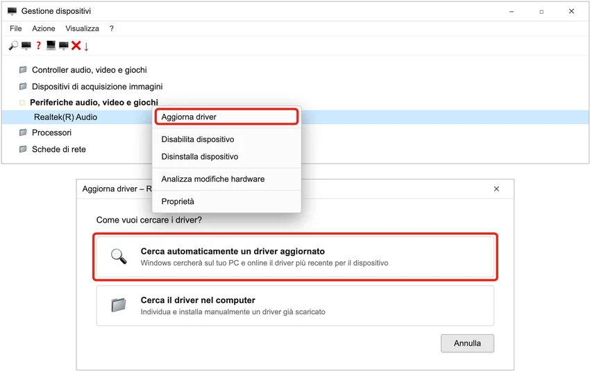 In alto, Gestione dispositivi con il menu contestuale «Aggiorna driver» aperto su un dispositivo; sotto, la finestra che si apre subito dopo, con l'opzione «Cerca automaticamente un driver aggiornato» in evidenza. Illustrazione ricostruita, non uno screenshot reale.