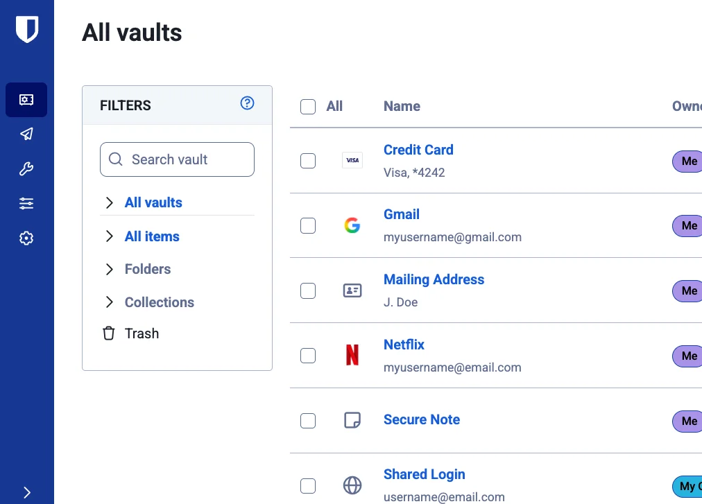 La cassaforte (vault) di Bitwarden — pagina «All vaults» della web app — con l'elenco delle voci salvate: screenshot ufficiale della documentazione Bitwarden, con voci di esempio generiche (Credit Card, Gmail, Netflix...), nessun account reale