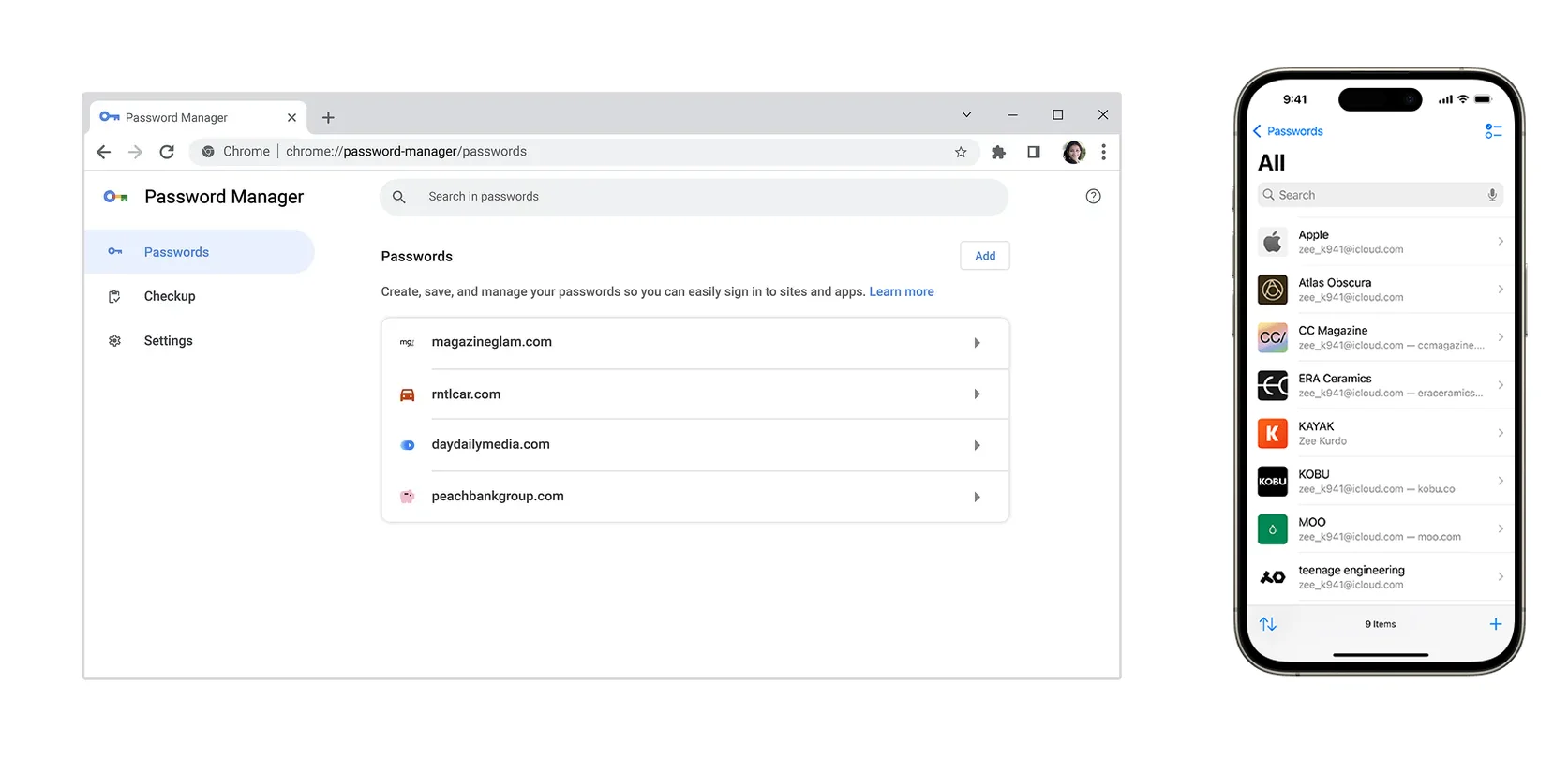 Il Gestore delle password di Google (la stessa interfaccia di passwords.google.com) con l'elenco dei siti salvati, affiancato all'app Passwords di Apple su iPhone con l'elenco delle voci — entrambi screenshot ufficiali (blog.google e Apple) con dati di esempio fittizi, nessun account reale