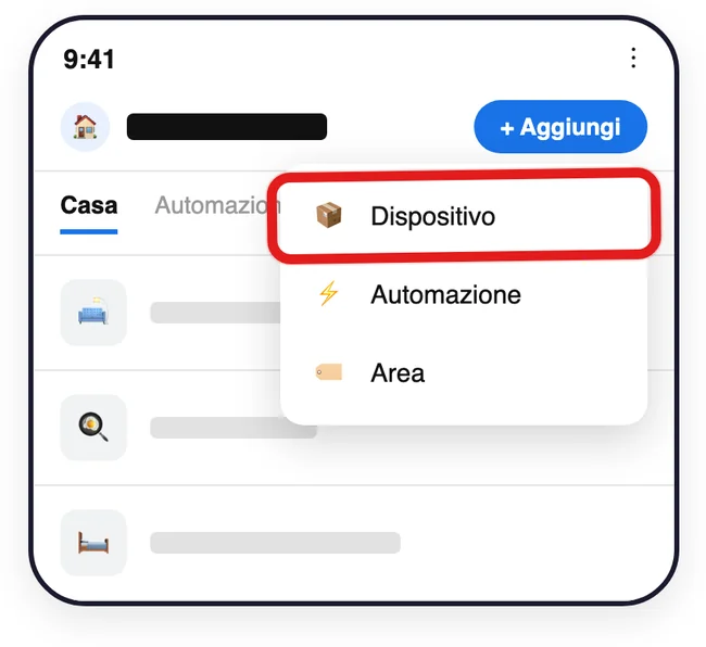 Ricostruzione: in Google Home il menu che si apre toccando Aggiungi, con la voce Dispositivo in cima; nome della casa coperto