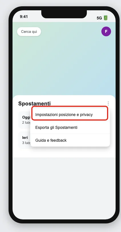 Ricostruzione della schermata Spostamenti nell'app Google Maps, col menu «Altro» aperto e la voce «Impostazioni posizione e privacy» cerchiata