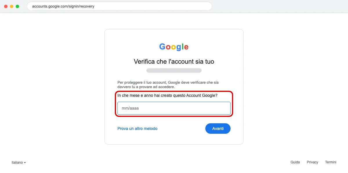 Illustrazione ricostruita della pagina accounts.google.com/signin/recovery, con la domanda di verifica dell'identità cerchiata in rosso.