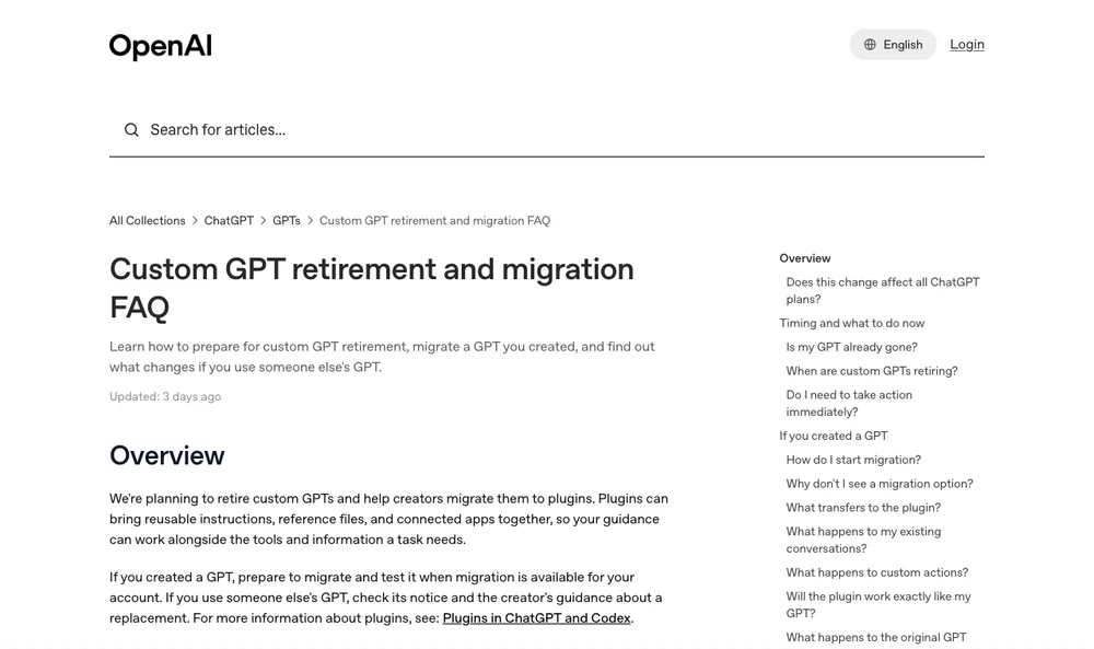 La pagina ufficiale del centro assistenza OpenAI «Custom GPT retirement and migration FAQ», in inglese: conferma il ritiro annunciato e rimanda ai plugin come sostituto