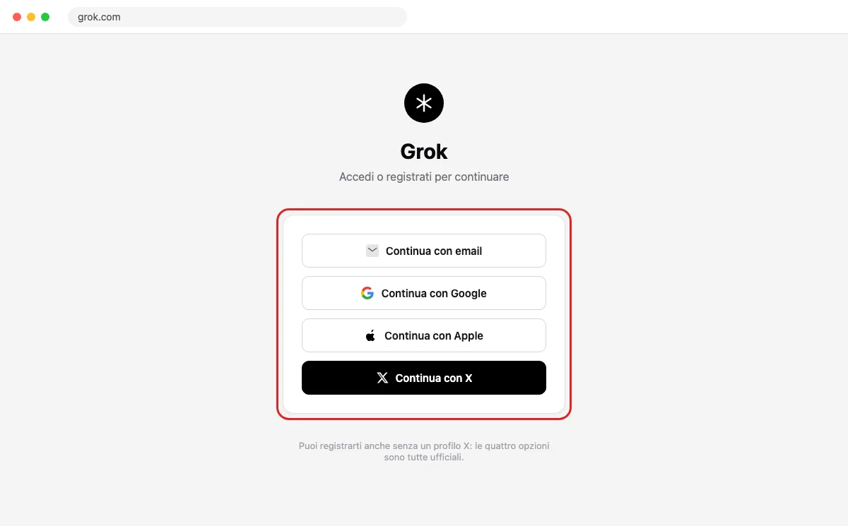 Ricostruzione della schermata di accesso a grok.com, con le opzioni email, Google, Apple e X