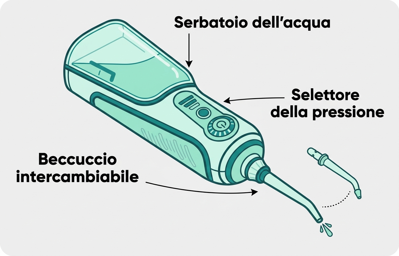 Illustrazione ricostruita (non una foto reale) di un idropulsore dentale con le parti etichettate: il serbatoio dell'acqua, il selettore della pressione e un beccuccio intercambiabile, con un secondo beccuccio a fianco