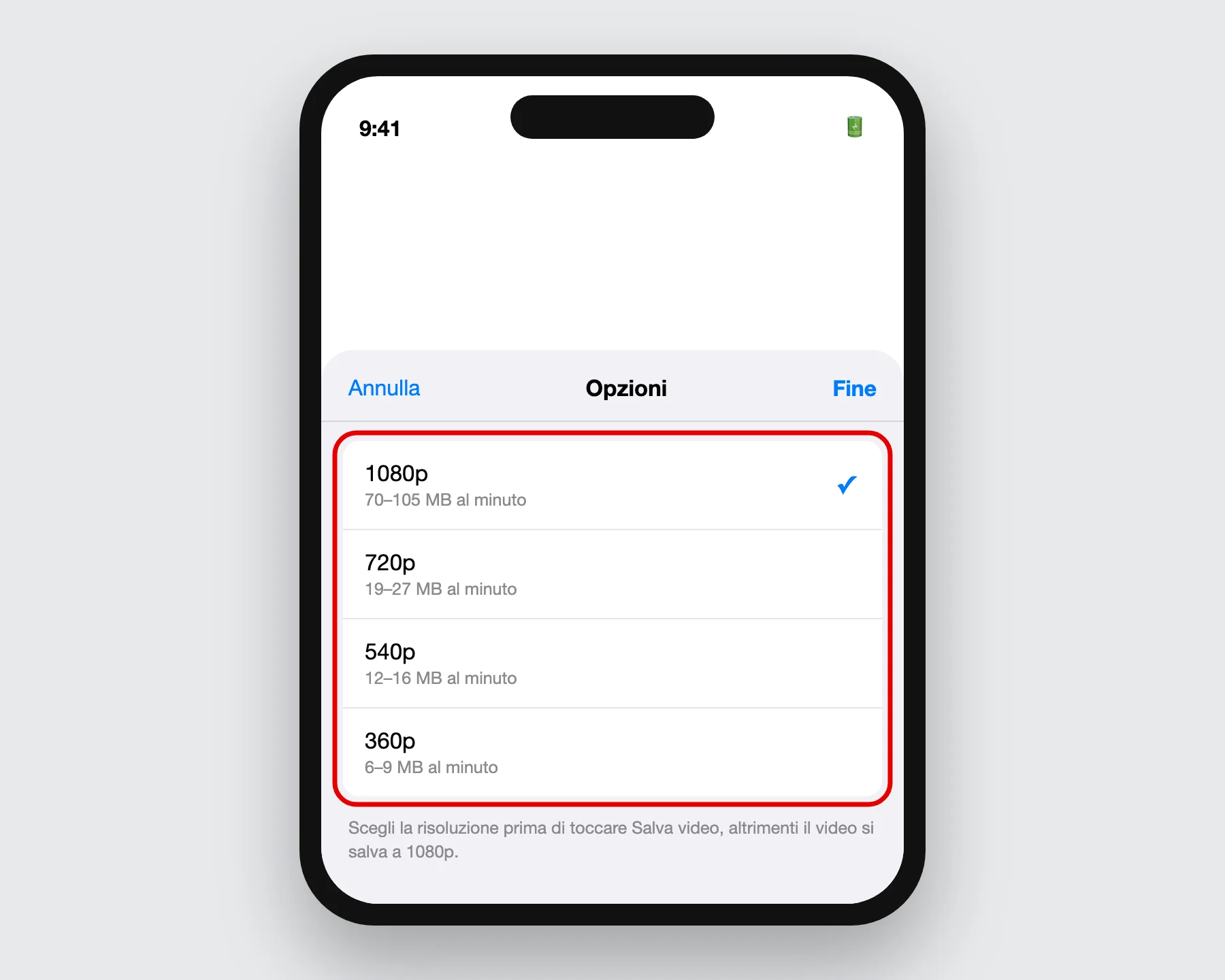 iMovie su iPhone, Condividi > Salva video > Opzioni: le quattro risoluzioni disponibili con il peso indicativo al minuto — illustrazione ricostruita