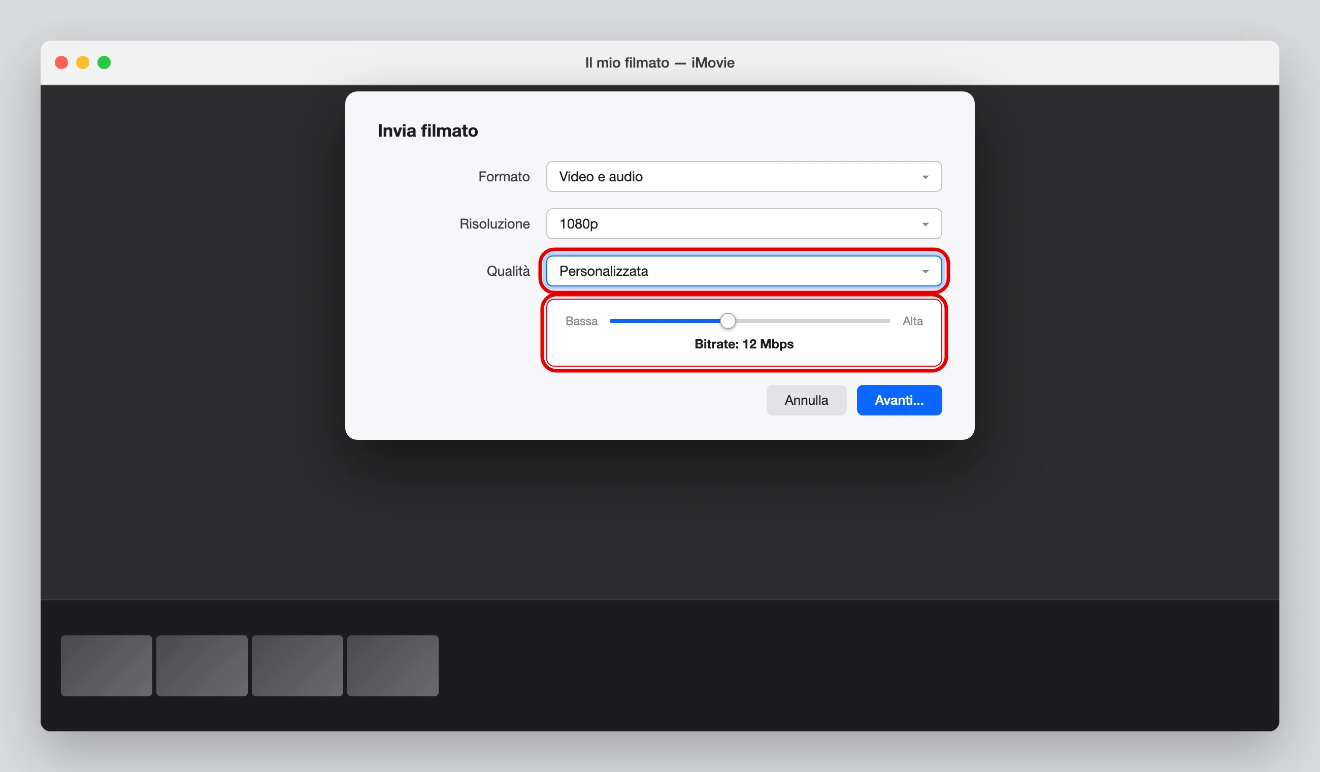 iMovie su Mac, finestra Invia filmato: il menu Qualità impostato su Personalizzata e il cursore del bitrate target sotto — illustrazione ricostruita