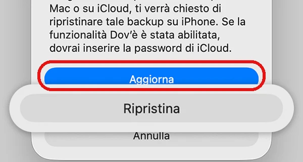 Schermata ufficiale Apple del Finder con i due pulsanti «Aggiorna» (cerchiato, la scelta giusta in questo caso) e «Ripristina» affiancati, durante la modalità di recupero