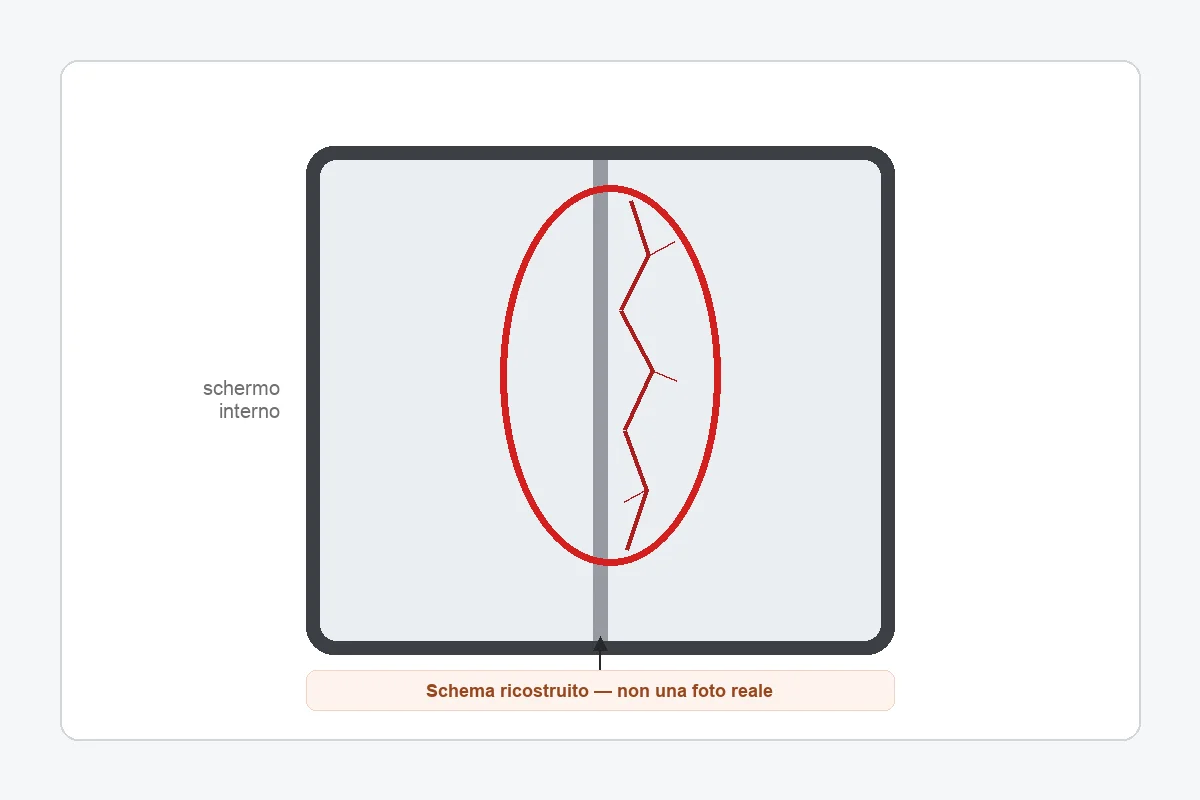 Schema ricostruito (non una foto reale) di iPhone Duo aperto, con la zona vicino alla cerniera centrale cerchiata in rosso: è lì che le fonti collocano la crepa sullo schermo interno.