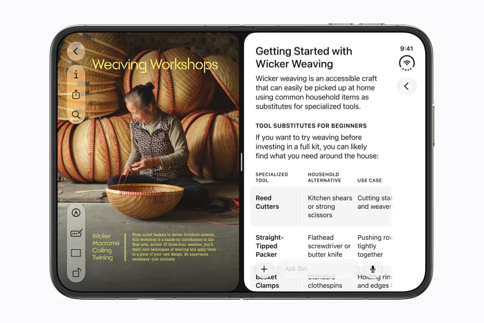 Lo schermo interno di iPhone Duo con due app affiancate, una accanto all’altra. Immagine ufficiale Apple (newsroom, 9 settembre 2026)