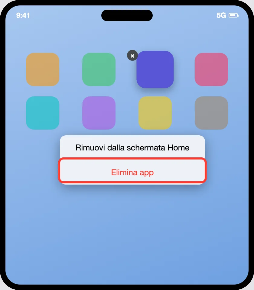 Il menu che compare tenendo premuta un'icona su iPhone dopo aver toccato «Rimuovi app», con le due opzioni «Rimuovi dalla schermata Home» ed «Elimina app» (quella da toccare, cerchiata). Illustrazione ricostruita, icone delle app generiche.