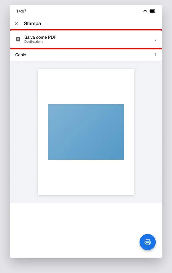 Android, schermata di Stampa di Chrome con «Salva come PDF» selezionato come destinazione — illustrazione ricostruita