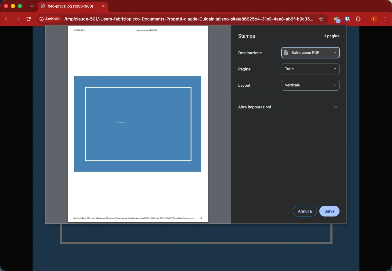 Chrome su computer: la finestra di stampa con la destinazione «Salva come PDF» selezionata