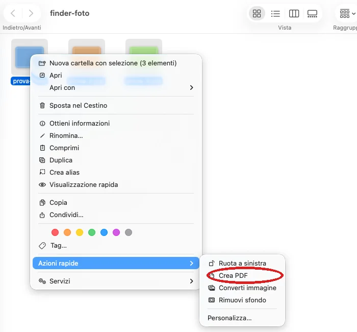 Il Finder con più foto selezionate e il menu del clic destro aperto sulla voce Azioni rapide > Crea PDF