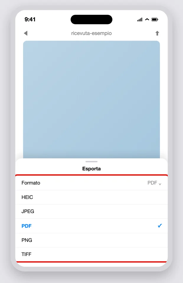 iPhone, app Anteprima: il foglio Esporta aperto con il menu Formato e i cinque formati HEIC, JPEG, PDF, PNG e TIFF, PDF selezionato con il segno di spunta — illustrazione ricostruita