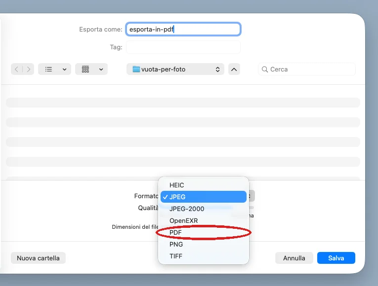 Anteprima su Mac: File > Esporta, con il menu Formato aperto e PDF fra le voci selezionabili
