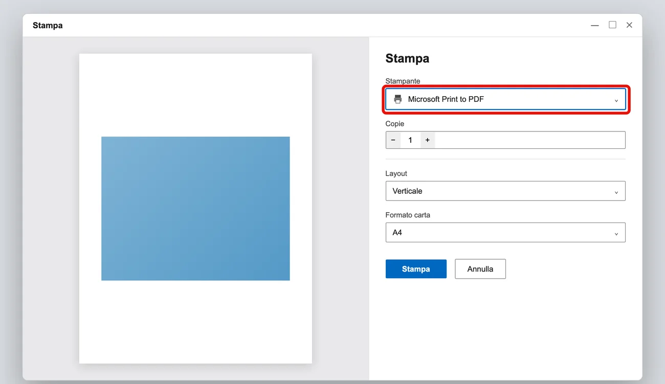 Windows, finestra di Stampa di una foto con «Microsoft Print to PDF» selezionato come stampante al posto di una stampante fisica — illustrazione ricostruita