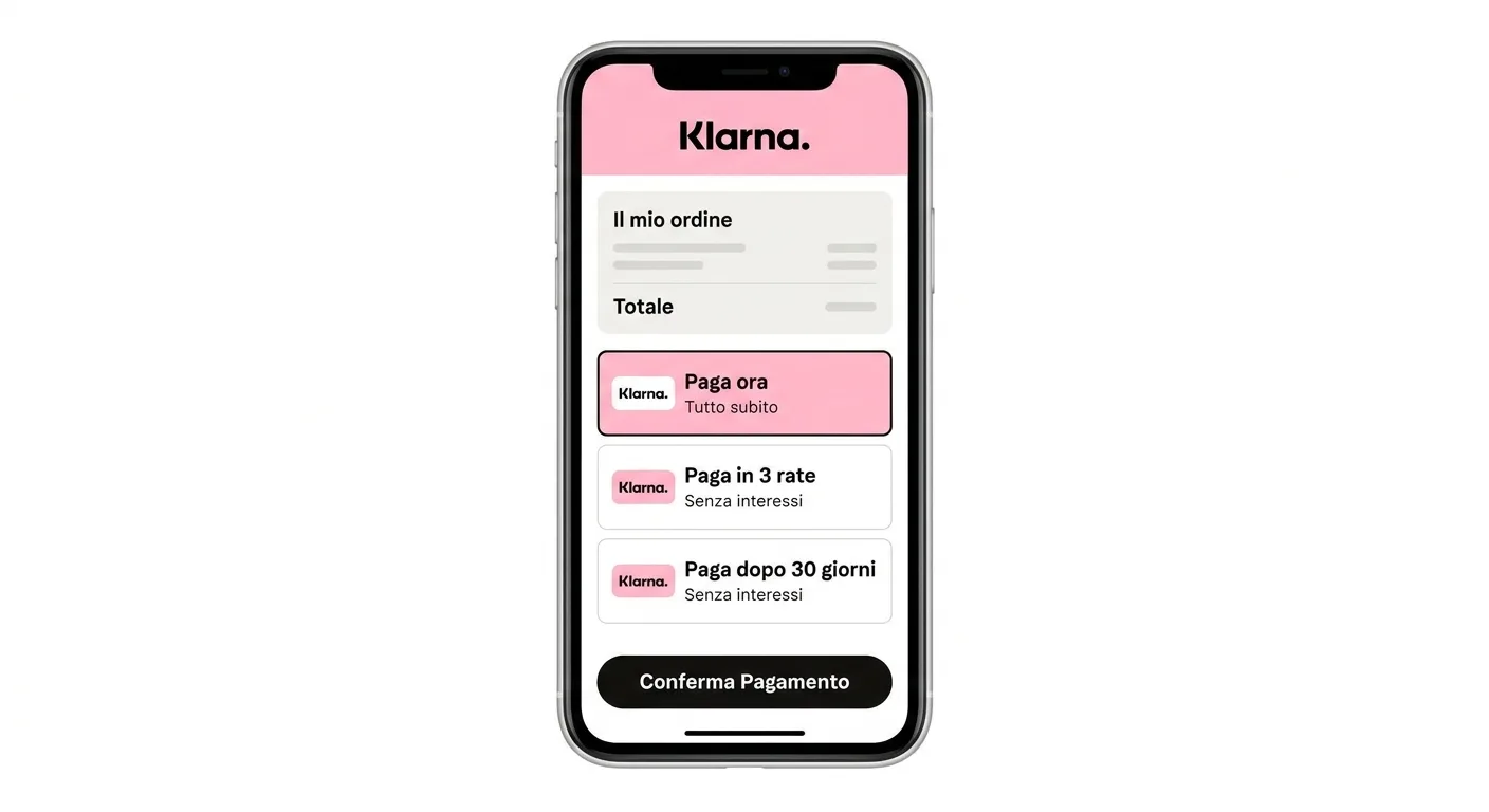Illustrazione (non uno screenshot reale): il checkout con le tre opzioni Klarna da scegliere — Paga ora, Paga in 3 rate, Paga dopo 30 giorni.