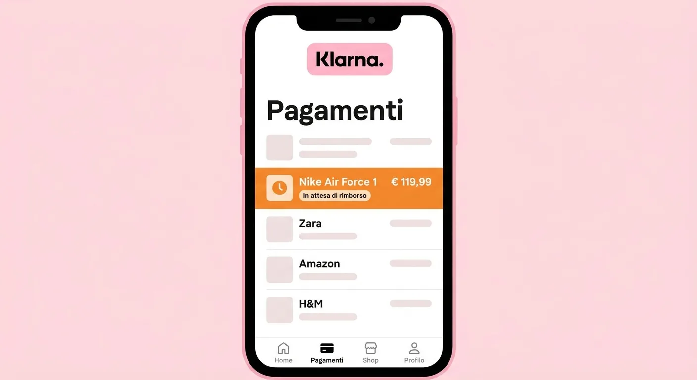 Illustrazione (non uno screenshot reale, negozio e importo d'esempio): la sezione «Pagamenti» con un ordine in attesa di rimborso.
