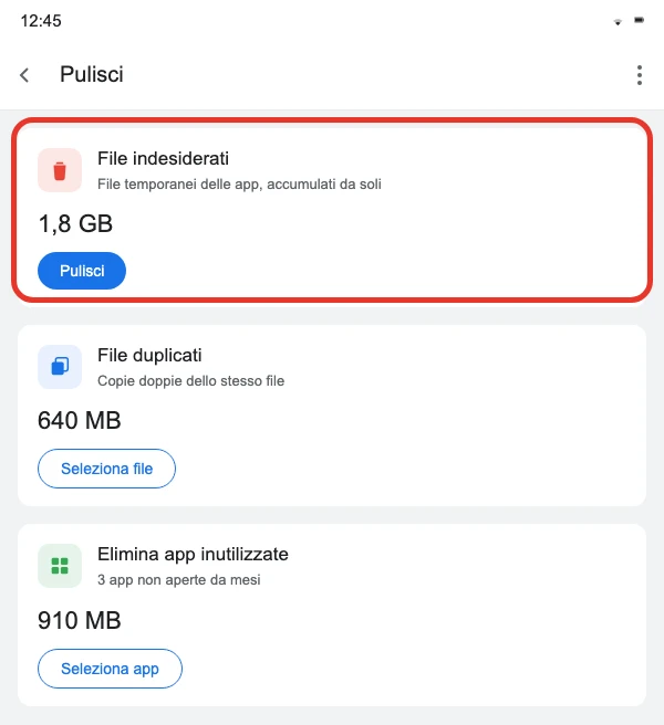 Ricostruzione di Files by Google, schermata Menu → Pulisci: le tre schede File indesiderati, File duplicati ed Elimina app inutilizzate, ciascuna con lo spazio recuperabile e il pulsante di avvio