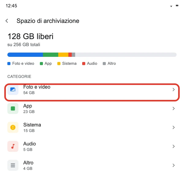 Ricostruzione della schermata Impostazioni → Spazio di archiviazione: la barra generale con il totale libero/occupato e, sotto, l'elenco delle categorie (Foto e video, App, Sistema, Audio, Altro) — tocca una categoria per vedere il dettaglio