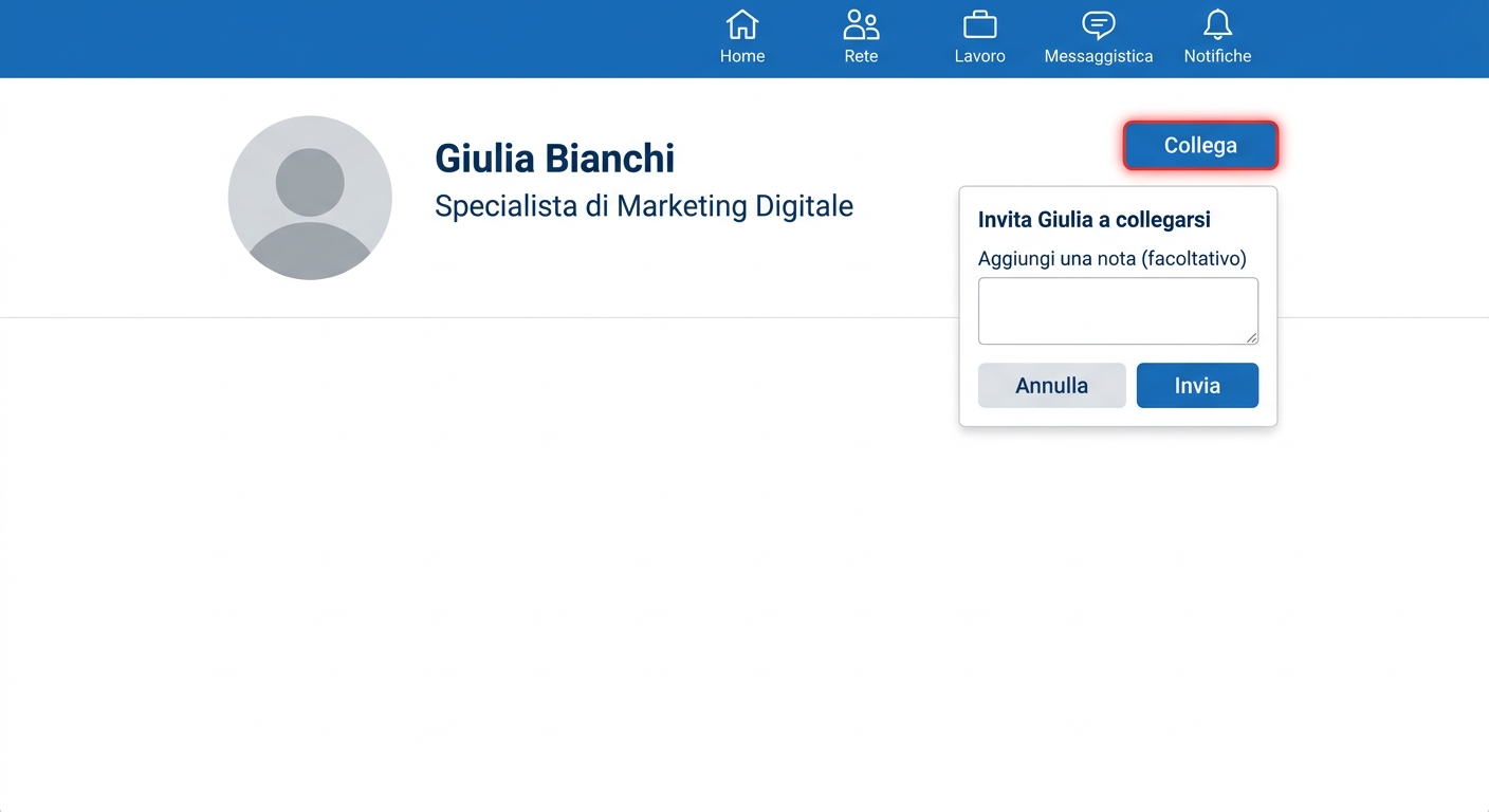 La schermata di un profilo con il bottone «Collega» e il campo per aggiungere una nota (illustrazione ricostruita, non uno screenshot reale)