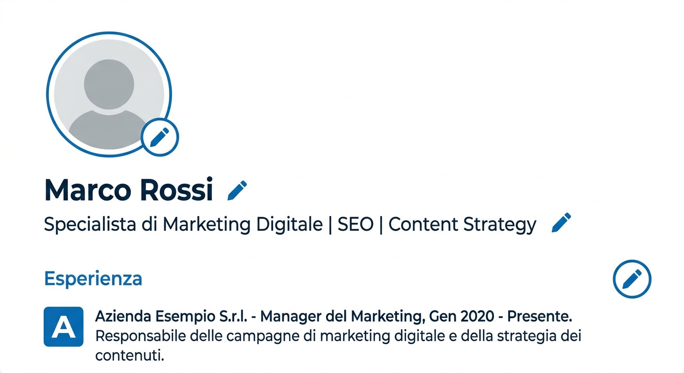 La pagina di un profilo, con le icone a matita per modificare foto, titolo ed esperienza (illustrazione ricostruita, non uno screenshot reale)