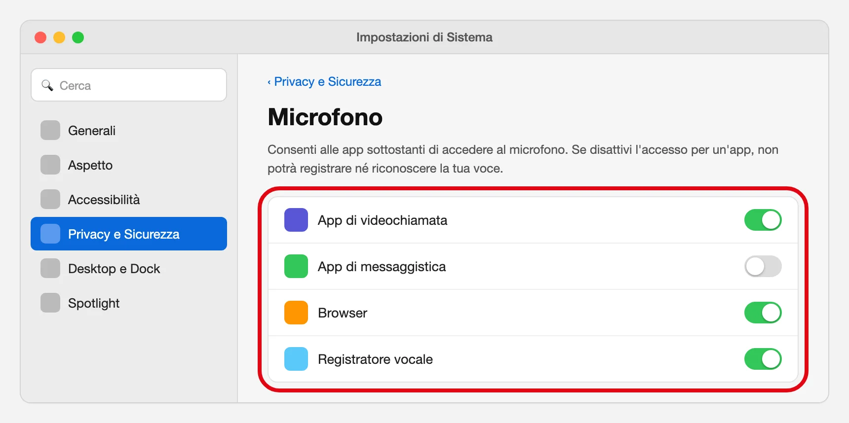 Ricostruzione della pagina Impostazioni di Sistema → Privacy e Sicurezza → Microfono del Mac, con l'elenco delle app e i relativi interruttori